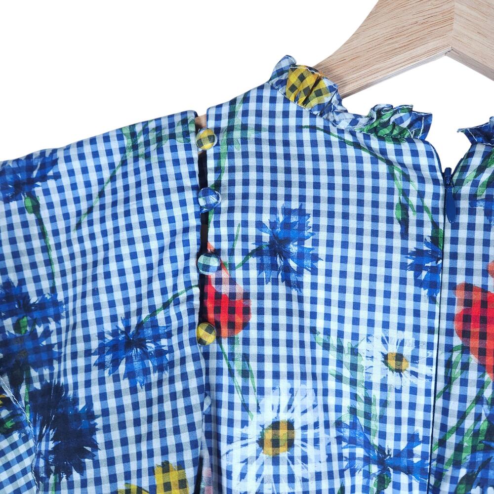 Pearl by Lela Rose Floral Gingham Dress 8 Blue White Ruffle Detail Cottagecore - Picture 11 of 15